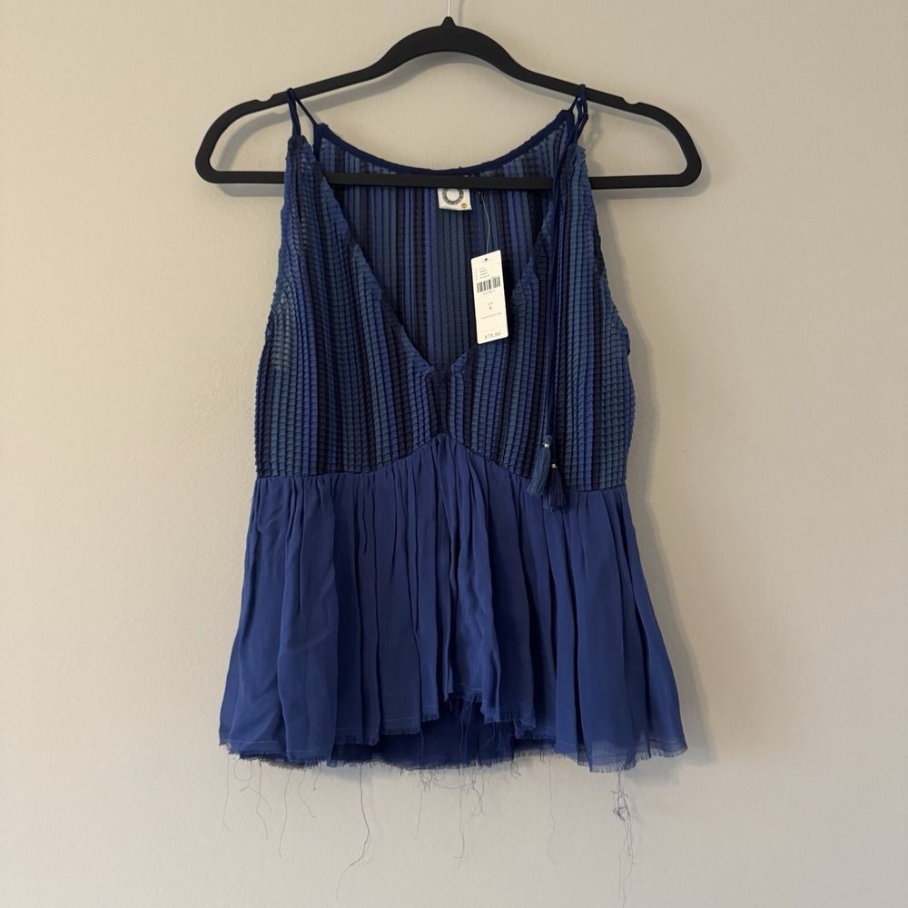 NWT Akemi + Kin Anthropologie Small Tank Top Blue Sleeveless Pleated Peplum Boho